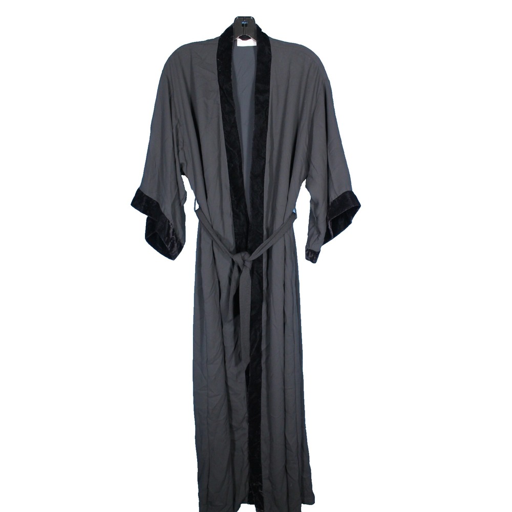 VTG VAL MODE LINGERIE Black CREPE CHIFFON Velvet Trim TIE BELT Lounge ROBE Sz S